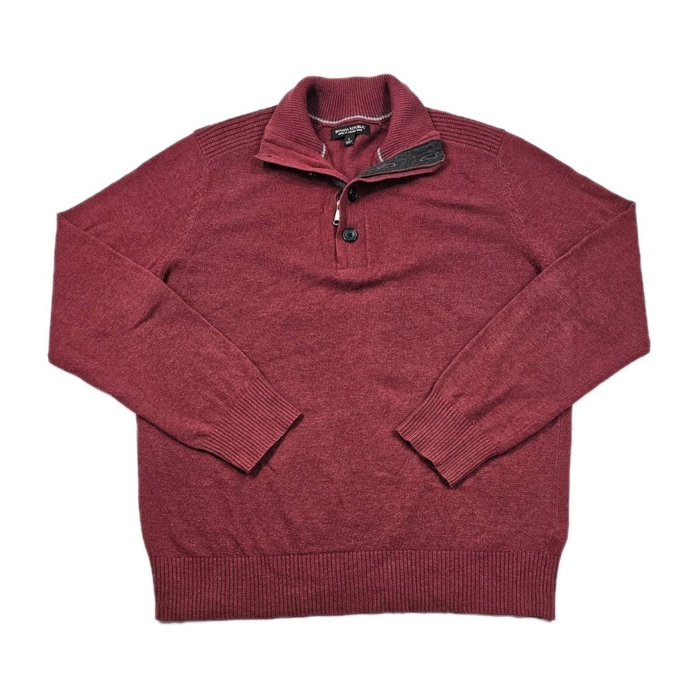 BANANA REPUBLIC Merino Wool Garnet Red Mens L Mock Neck Button & Zipper Close